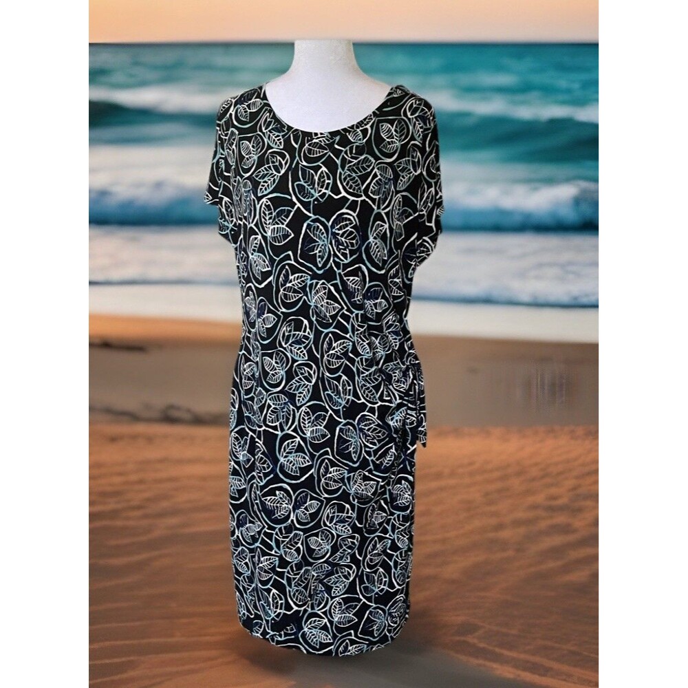 Sami & Jo Woman Faux Wrap Textured Shift Dress L Black Blue White Knee Length